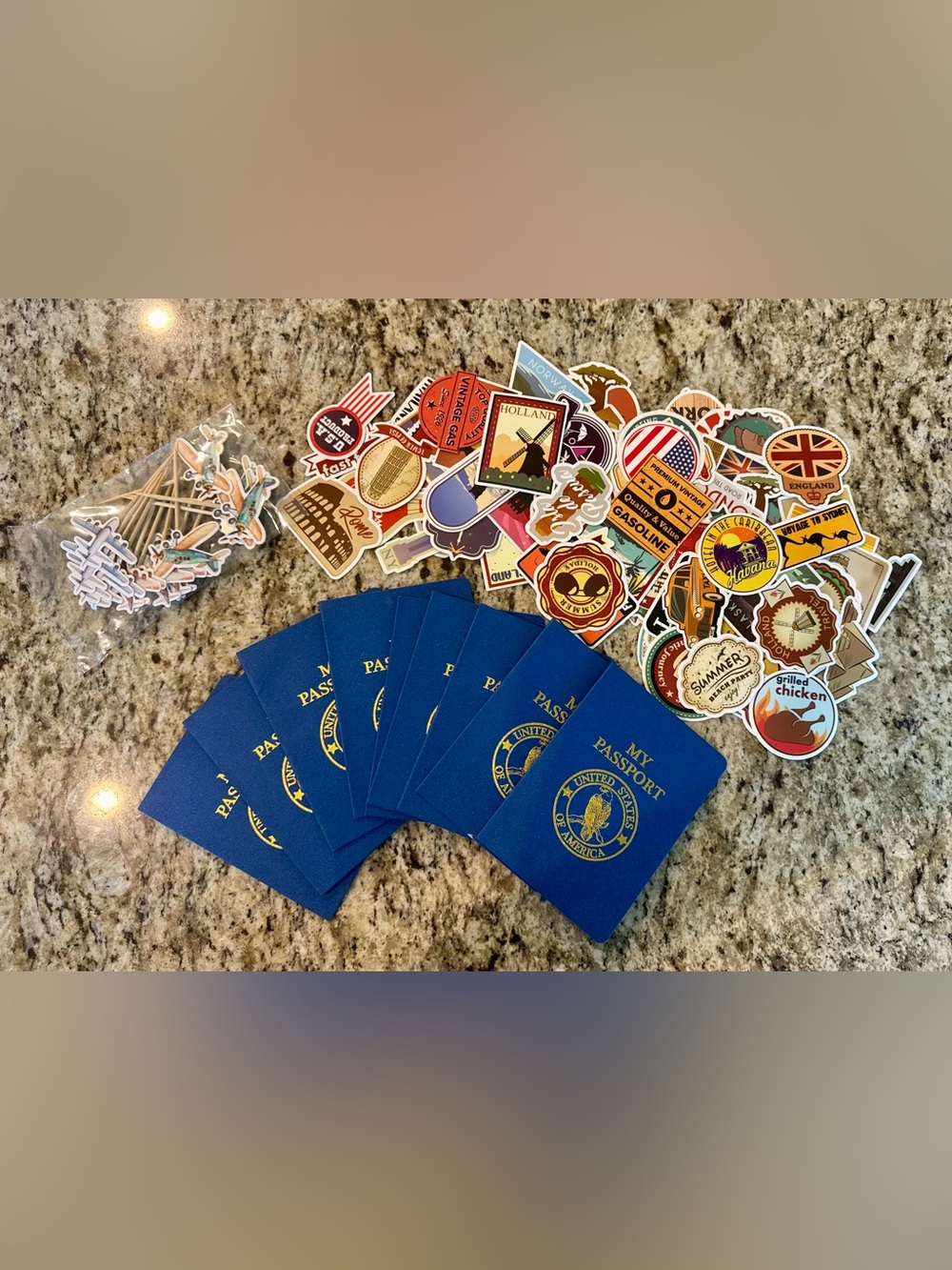 Airplane Birthday Party Decor and Passport Favors with Travel Stickers